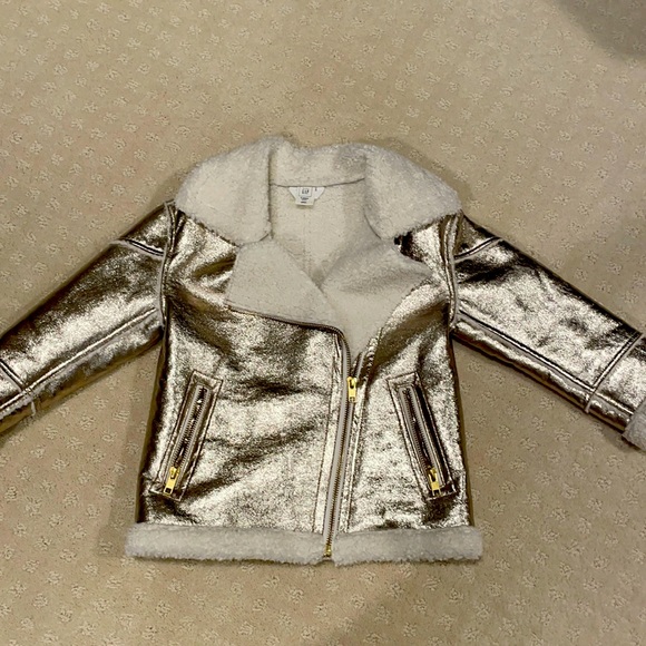 New Baby Gap Size 4T Metallic Gold Faux Leather and Sherpa Motorcycle Jacket